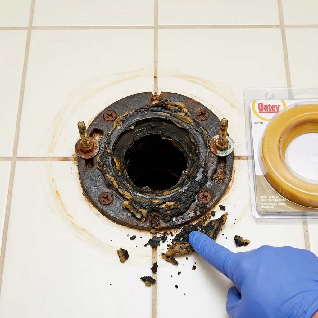 Failed wax ring showing water seepage at the base of a toilet in a Creede, CO home